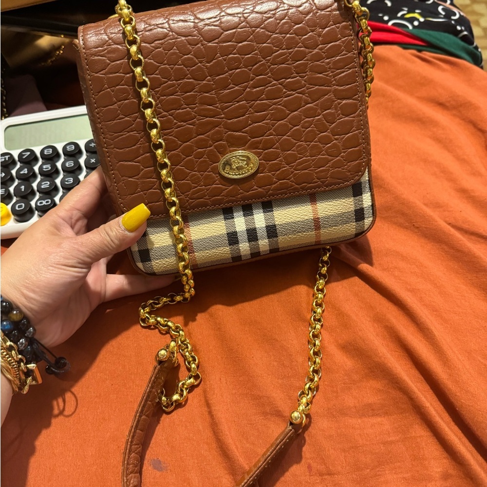 Burberry Brown Leather Crossbody Bag with Gold Chain